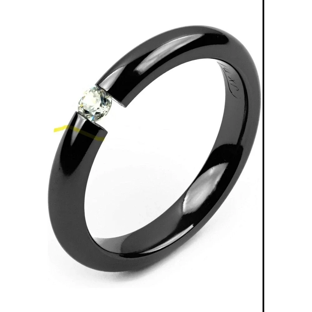 Minimalist Black Stainless Steel Ring with Center Simulated‎ Diamond